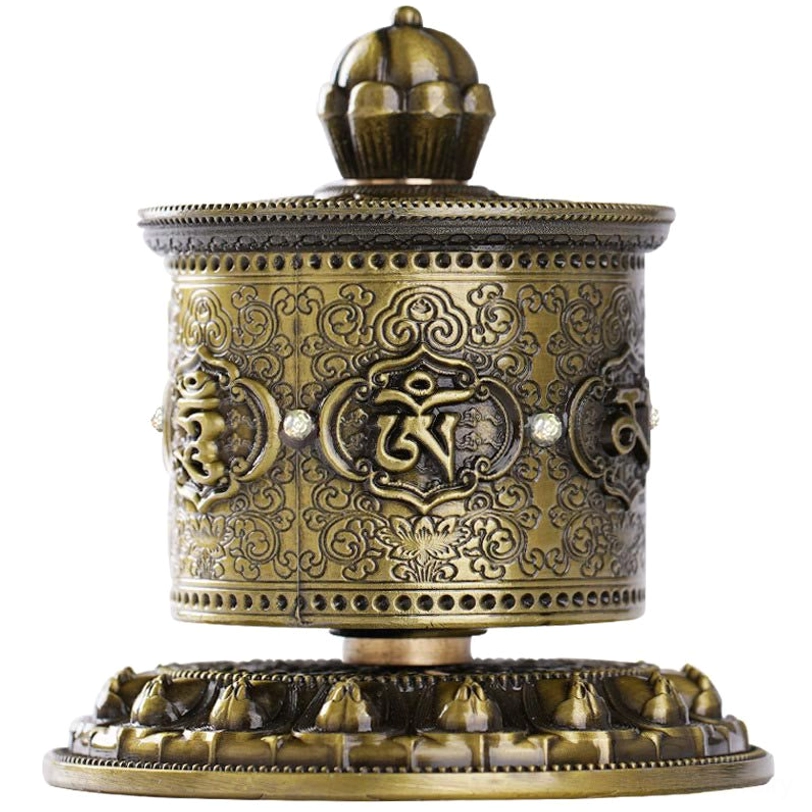 Tibetan prayer wheel handcrafted details showing decorative engraving and artisanal finishing on bronze base