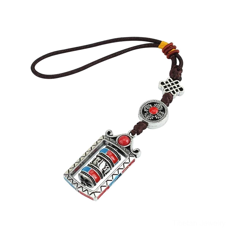 Six true words Tibetan prayer wheel with traditional Chinese knot details, handmade authentic craftsmanship, silver alloy construction