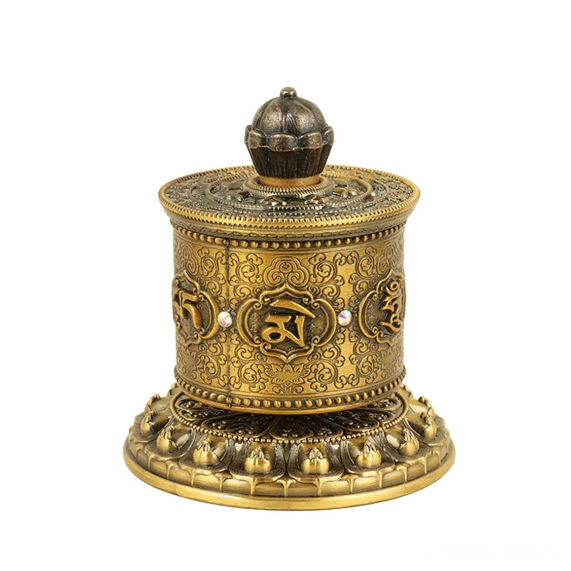 Tibetan prayer wheel Om Mani Padme Hum mantra car charm with bronze and gold finish options