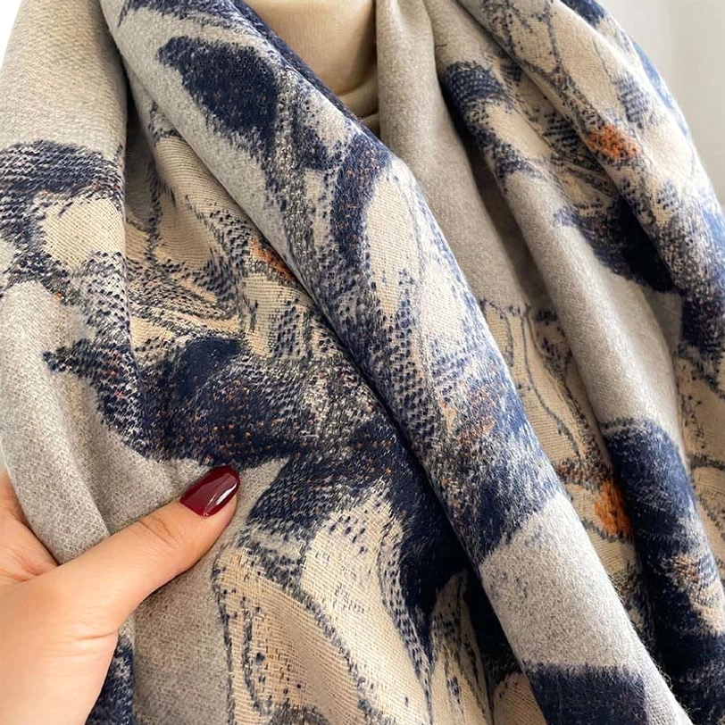 Premium quality Tibetan reversible scarf with dual-sided magnolia flower and bird pattern design