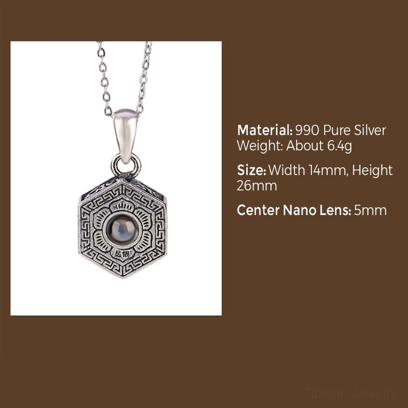 990 sterling silver Om Mani Padme Hum necklace worn on body, female collarbone display showing minimalist daily jewelry wearing effect and pendant placement