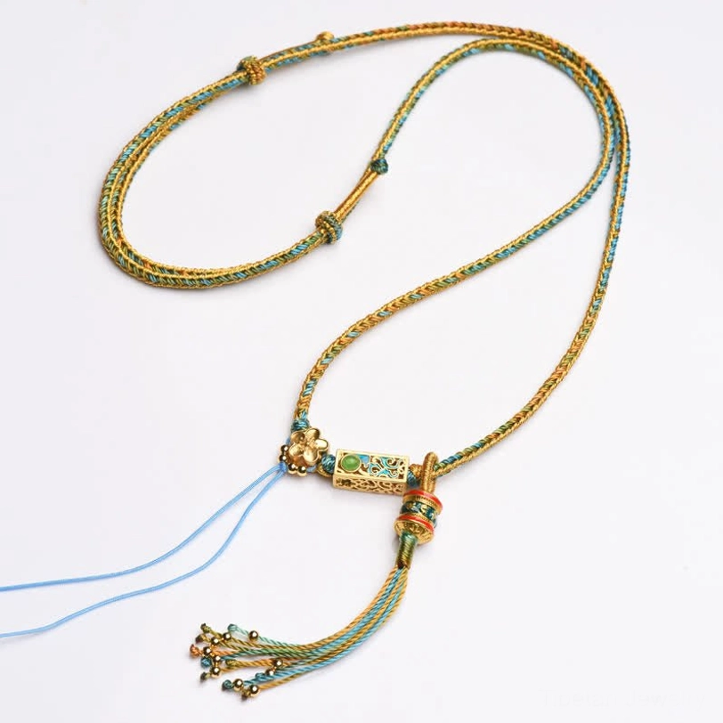Tibetan braided copper necklace gold-blue rope rectangular enamel charm with blue beaded tassel pendant