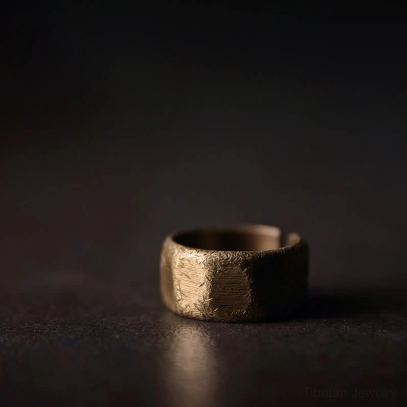 Adjustable frosted copper prosperity ring - 10mm width design featuring traditional Tibetan open cuff style