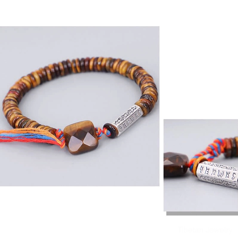Full tibetan protection bracelet layout displaying square tiger eye pendant and complete circle of natural stone beads