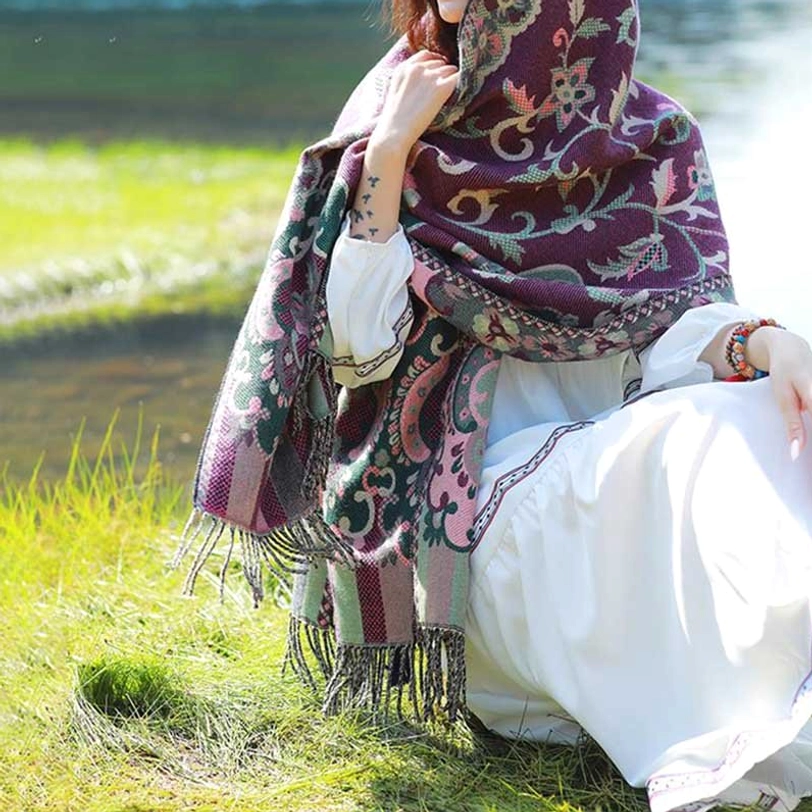 Tibetan botanical tassel shawl purple option close-up of botanical jacquard and fringe hem
