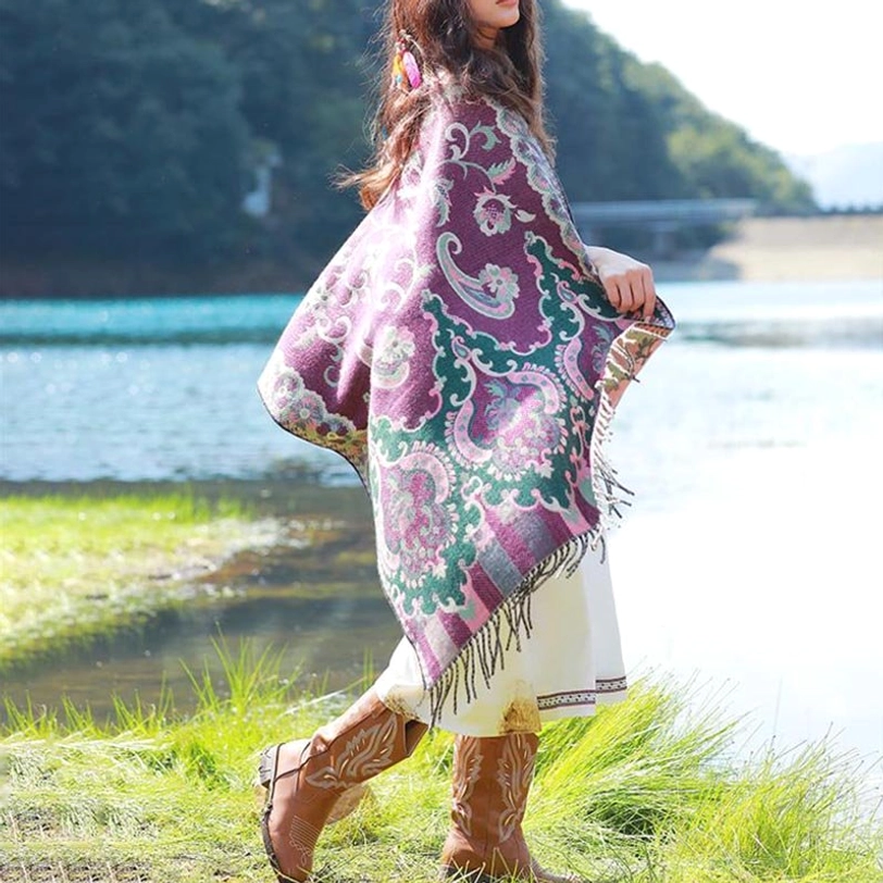 Tibetan vine leaf botanical shawl purple variant with traditional paisley and flower motif jacquard