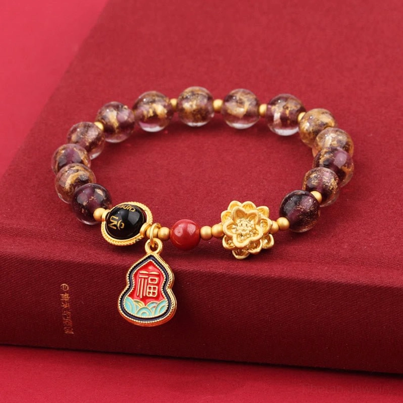 Tibetan Om Mani Padme Hum purple Liuli glass bracelet with spotted beads and sacred Buddhist charm for spiritual practice