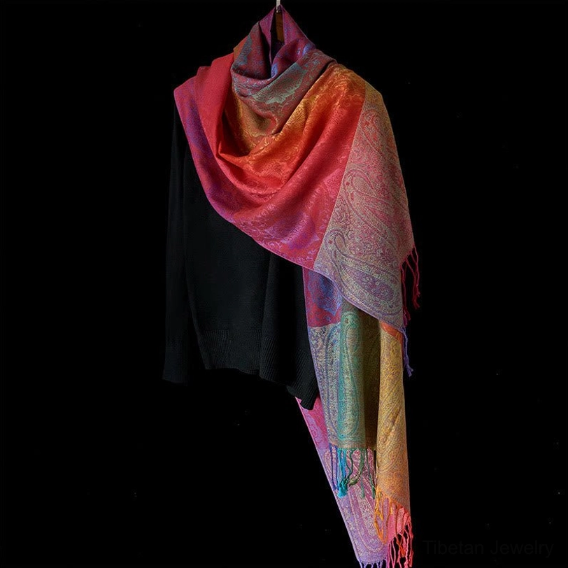 Tibetan handwoven rainbow paisley gradient shawl - authentic spiritual wrap with traditional jacquard weave
