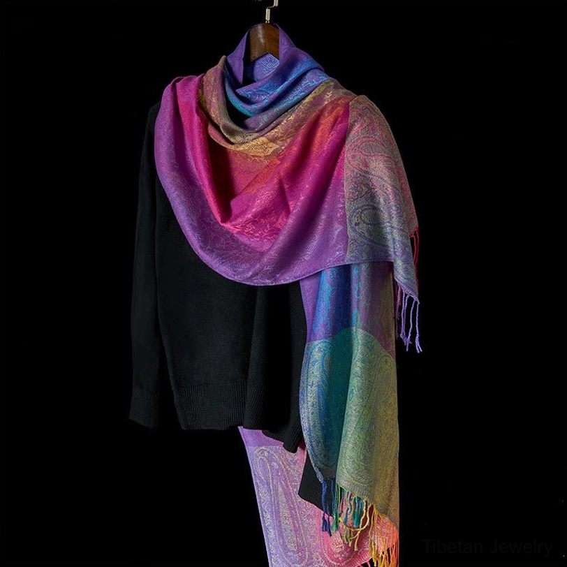 Tibetan handwoven rainbow paisley gradient shawl front drape - full jacquard paisley weave pattern showcase