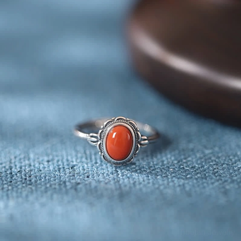 Tibetan red agate protection ring 925 sterling silver showing authentic gemstone and intricate silver work