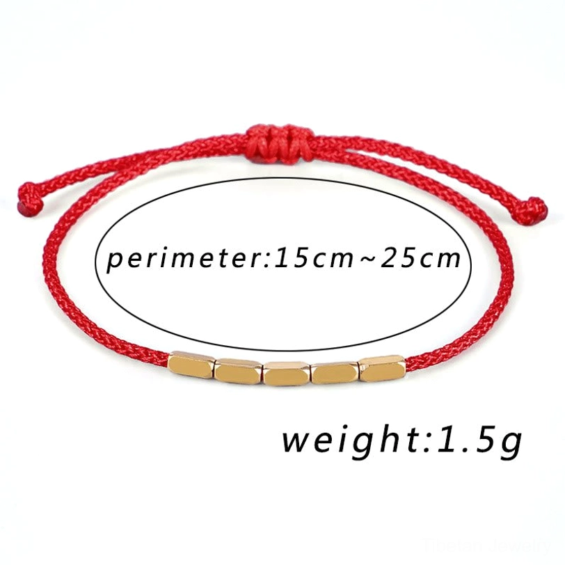Red Tibetan copper bead bracelet with product specifications, wrist circumference 14-23cm, perimeter 15-25cm, weight 1.5g