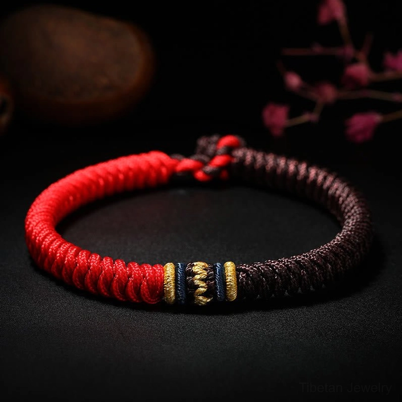 Dual-tone Tibetan braided bracelet with red brown half-and-half woven handmade design