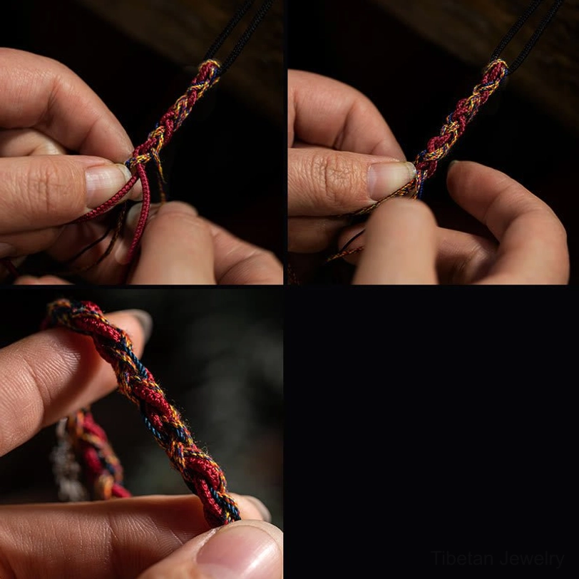 Tibetan spiritual red string bracelet handwoven with multiple natural gemstone beads and silver accents