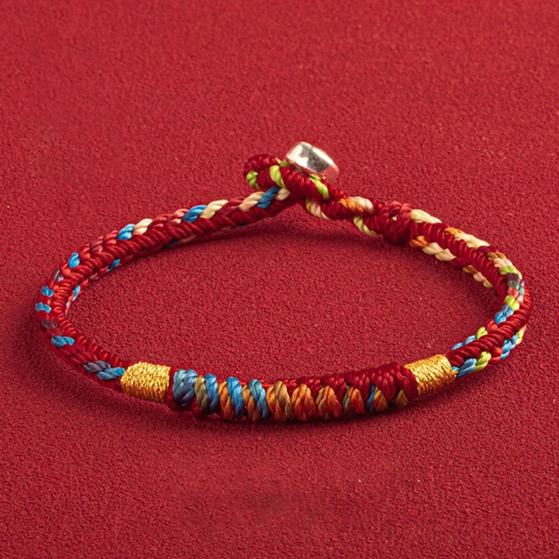 Red five-color Tibetan protection bracelet with sterling silver buckle, spiritual blessing accessory for wrist