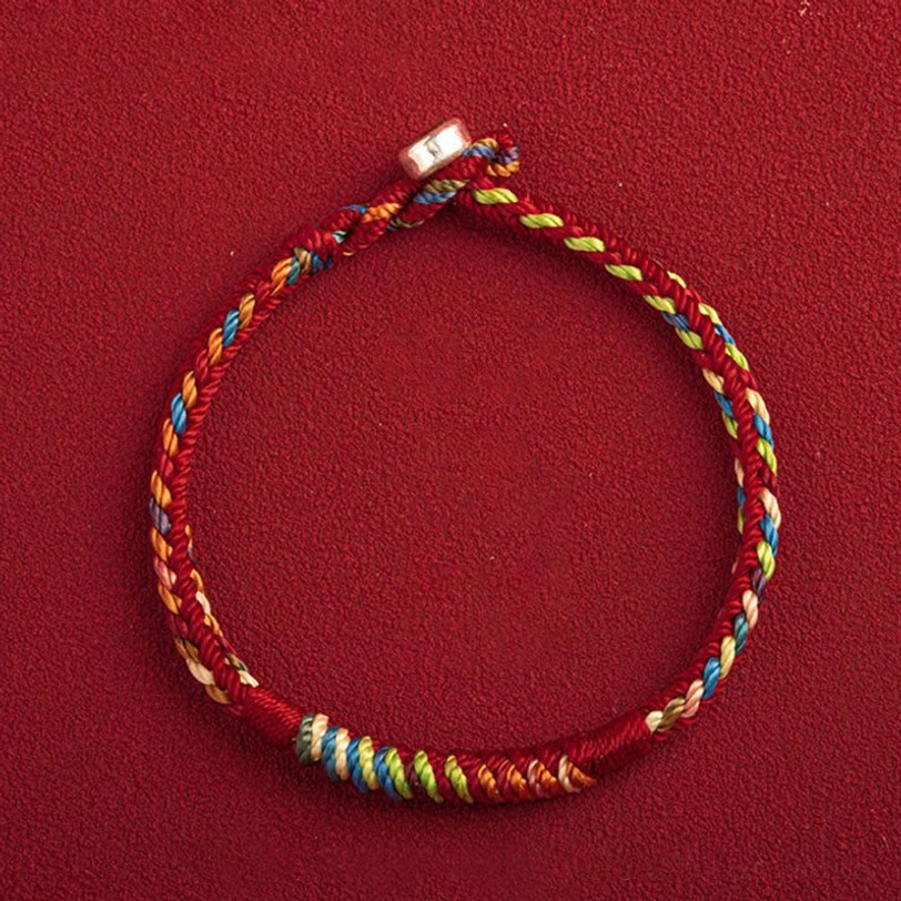 Red five-color Tibetan protection bracelet with metal clasp, wearable spiritual talisman with King Kong knot