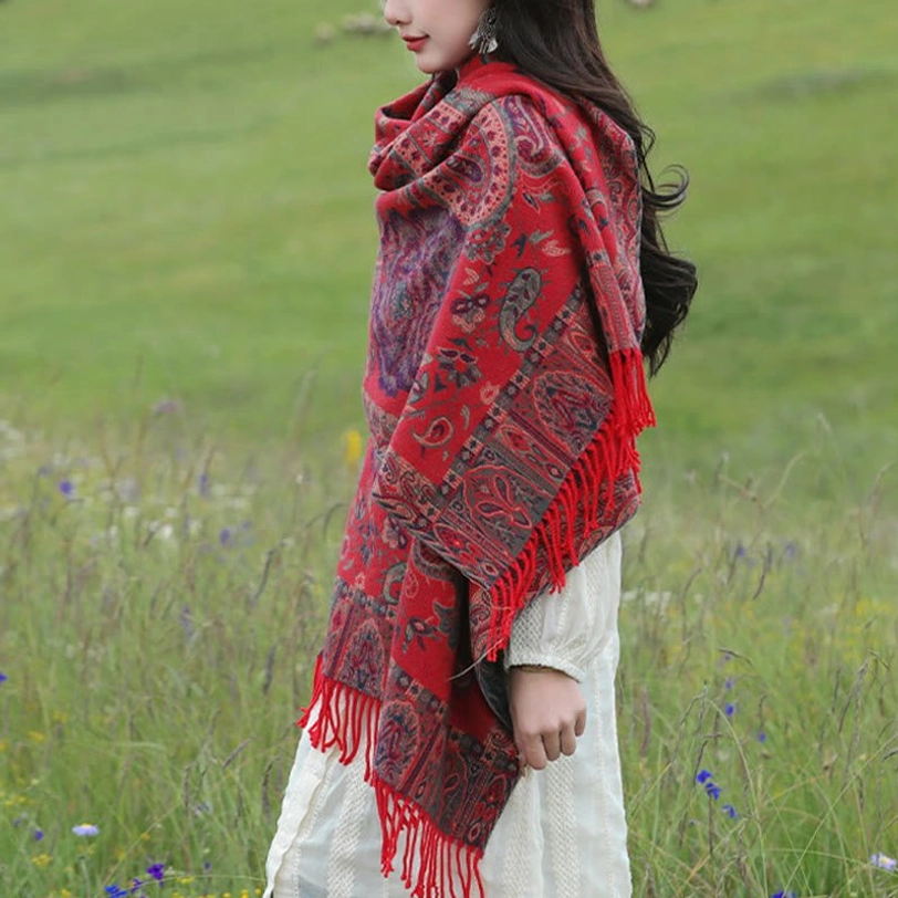 Red Tibetan peony shawl draped elegantly, showcasing premium fabric quality and ethnic aesthetic appeal