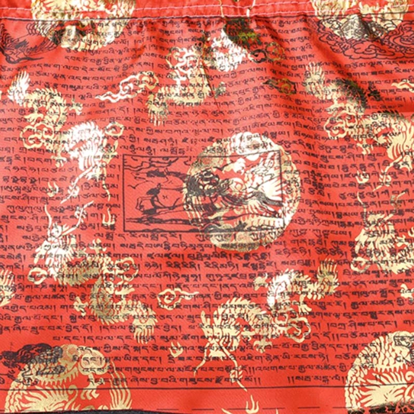 Red Tibetan prayer flag - gold foil sacred Tibetan scriptures and dragon patterns on vibrant red base