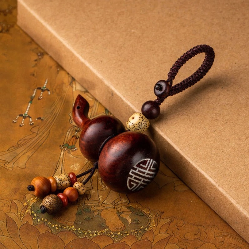 Small leaf red sandalwood gourd keychain with natural bead tassel, tibetan spiritual protection charm promoting longevity balance and prosperity