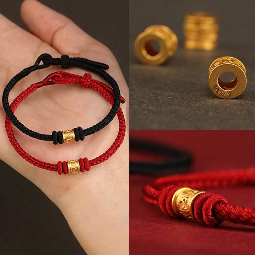 Tibetan red string bracelet spiritual wellness jewelry, Om Mani Padme Hum enlightenment symbol