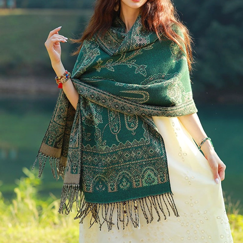 Dark green Tibetan reversible shawl with ethnic leaf patterns, alternate color view