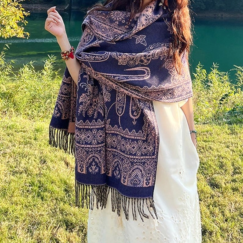 Navy base Tibetan reversible ethnic shawl with beige leaf patterns and tassel hem detail