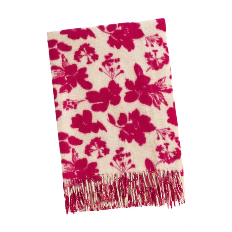 Deep rose red tibetan flower tassel shawl on white background, showing neat flat display and floral print detail