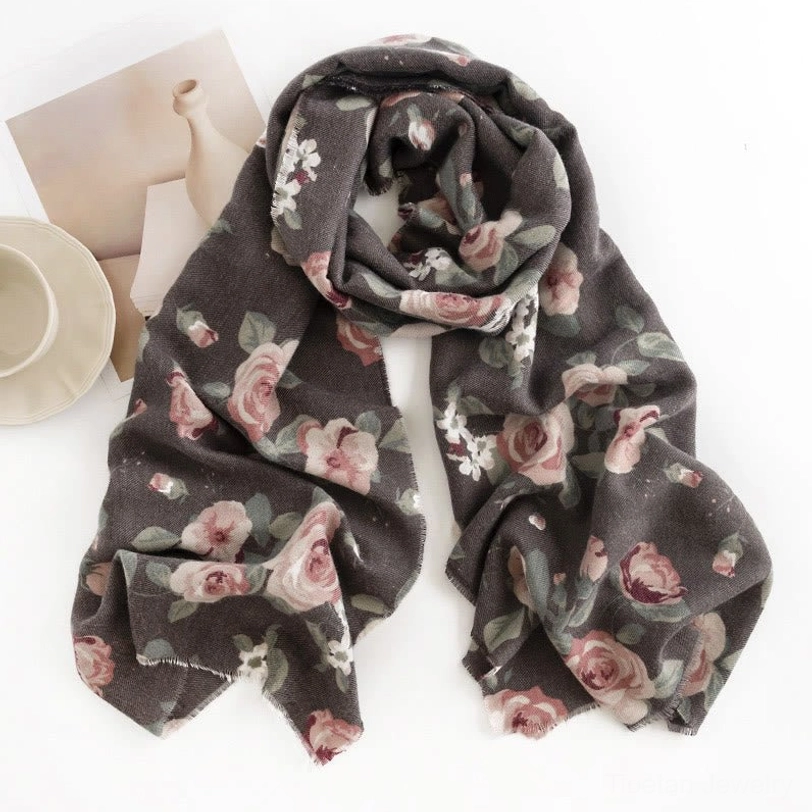 Dim gray Tibetan garden rose shawl with detailed floral print hanging display on neutral background