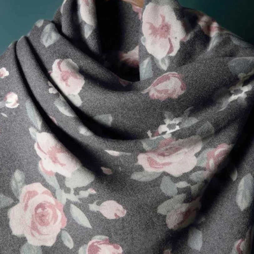 Two Tibetan rose shawls color comparison burgundy and dim gray showing color depth and print consistency
