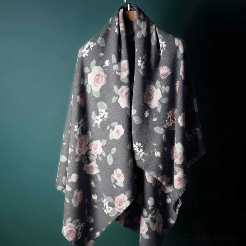 Tibetan garden rose travel wrap showing size and versatility as blanket throw or fashion accessory