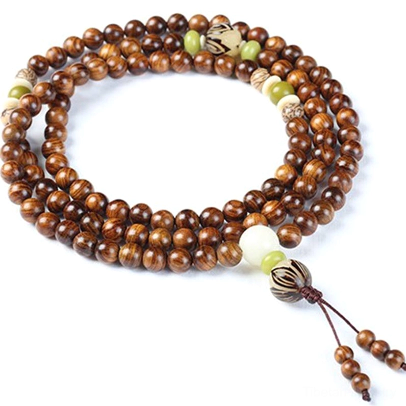 Complete rosewood prayer mala loop with 108 beads, woven tassel, and mixed decorative beads displayed flat lay, showing full product circumference