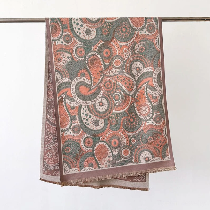 Rosy brown Tibetan ethnic paisley shawl with hand-woven tassel fringe, featuring reversible geometric pattern design