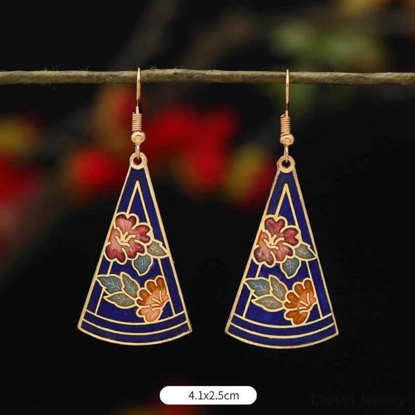 Round dark blue flower enamel drop earrings 3x2cm, navy blue with pink accents, balanced versatile lotus jewelry design