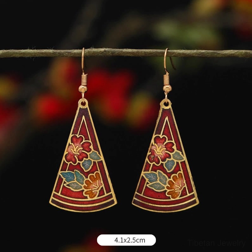 Round light blue flower enamel drop earrings 3x2cm, circular lotus pattern with light blue and multi-color enamel finish