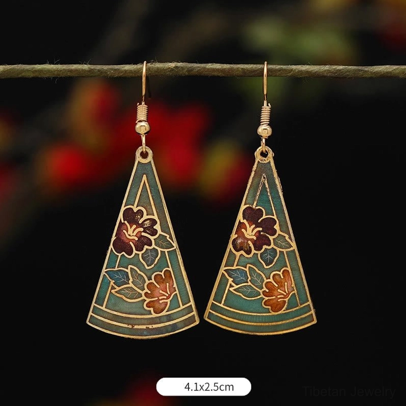 Round red flower enamel drop earrings 3x2cm, burgundy red lotus pattern with gold tone metal accents, spiritual symbol jewelry