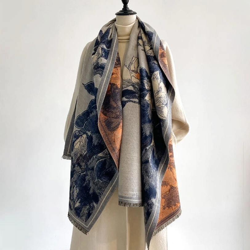 Rust red Tibetan scarf with blue magnolia flowers and bird print - handstitched fringed edges detail