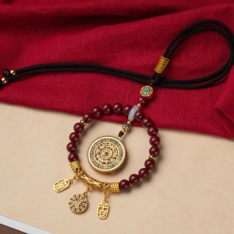 Tibetan blessing car decoration with adjustable hanging system showing easy installation of cinnabar ruyi protection charm