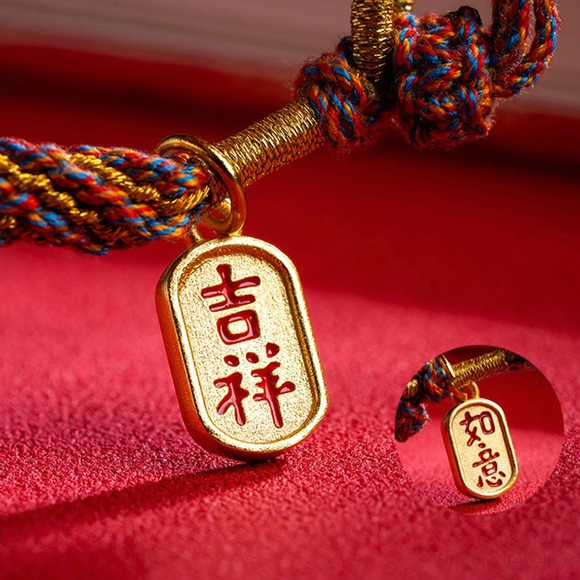 Tibetan Ruyi and Jixiang charm pendants with copper hardware and braided rope detail