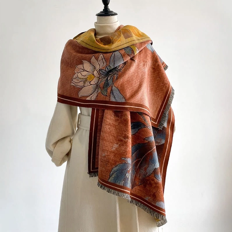 Tibetan handwoven reversible scarf featuring sacred magnolia flowers and birds - cultural textile art