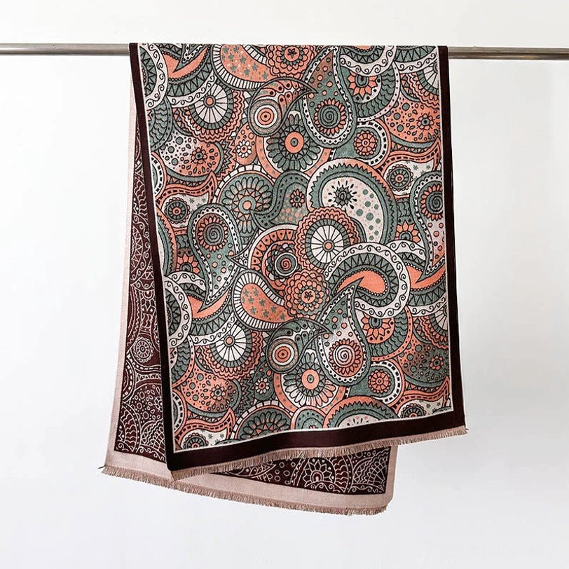 Saddle brown Tibetan ethnic paisley shawl with tassel fringe, featuring traditional geometric patterns and earthy color palette