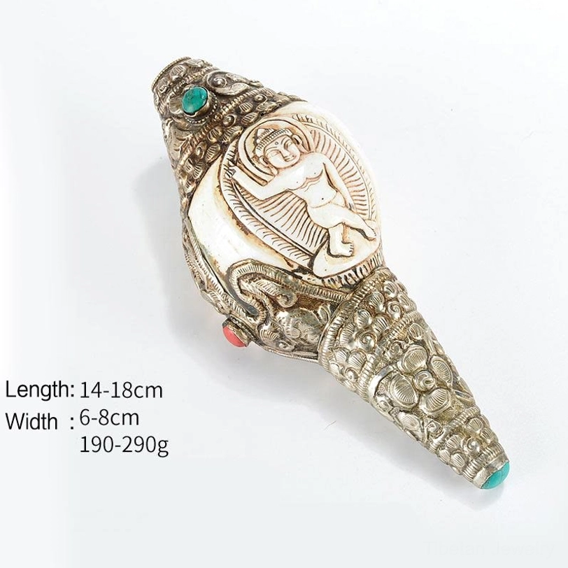 Tibetan Sakyamuni Buddha hand-engraved conch shell decoration featuring enlightened Buddha relief and gemstones