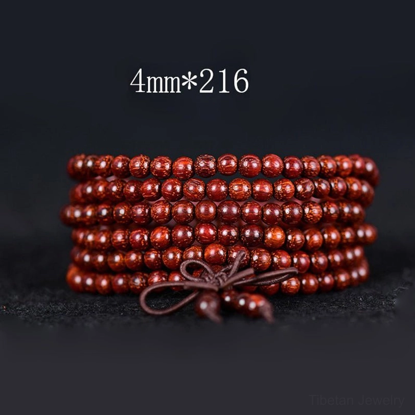 4mm bead Tibetan red sandalwood mala bracelet with 216 beads and brown tassel, extended mala for wrap-around wear