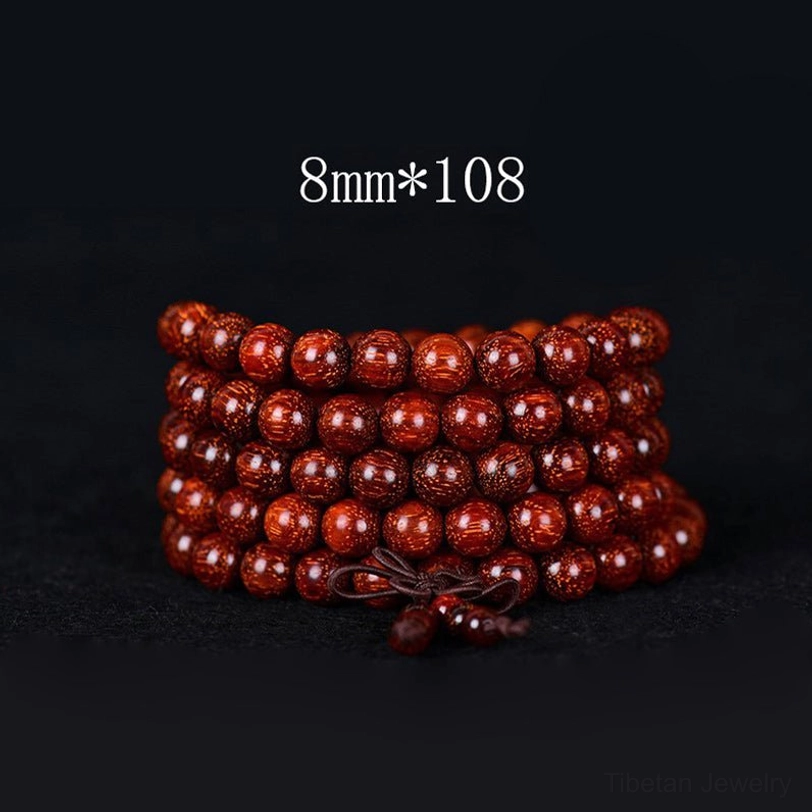 8mm bead Tibetan red sandalwood mala bracelet with 108 beads featuring traditional tassel knot detail