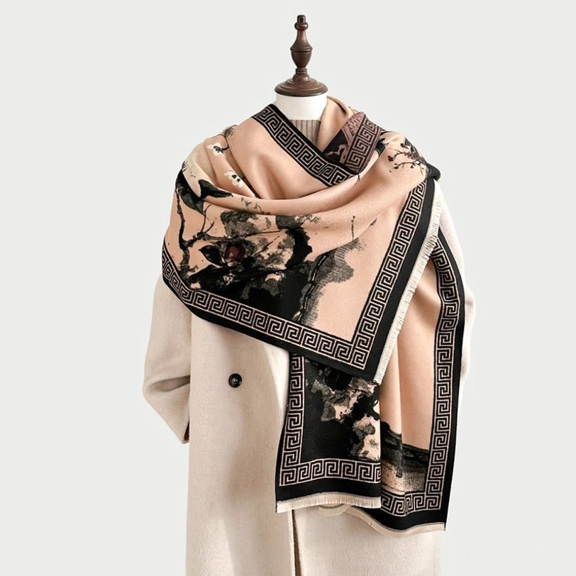 Tibetan handwoven scarf artistic detail showing intricate plum blossom ink painting and traditional Tibetan design elements