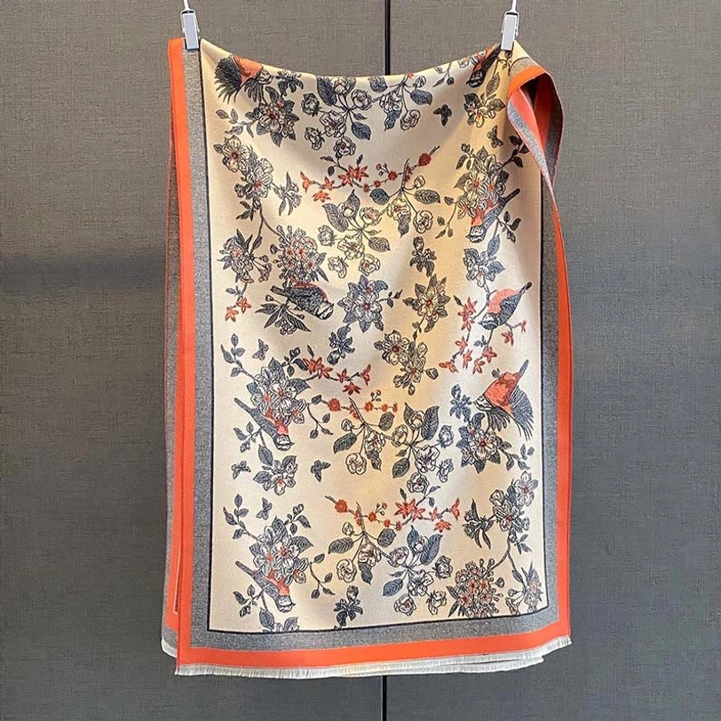 Tibetan printed scarf with red-blue floral motifs and orange-red grey border flat display