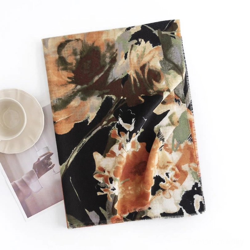 Black Tibetan ink floral printed scarf with retro watercolor flower design showcasing full drape and artistic pattern
