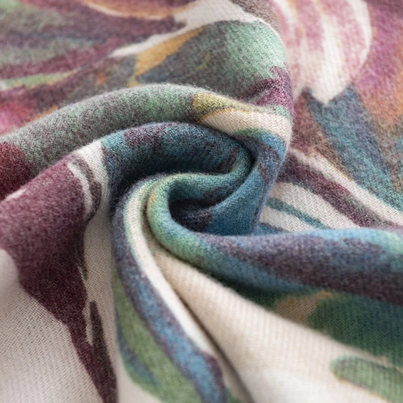 Tibetan shawl color swatch comparison showing wine red, green, and blue floral print tones