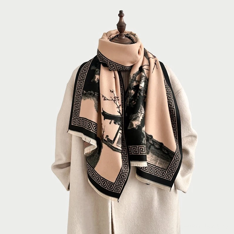 Tibetan scarf color variations display, showing multiple available shades of handcrafted ink painted design