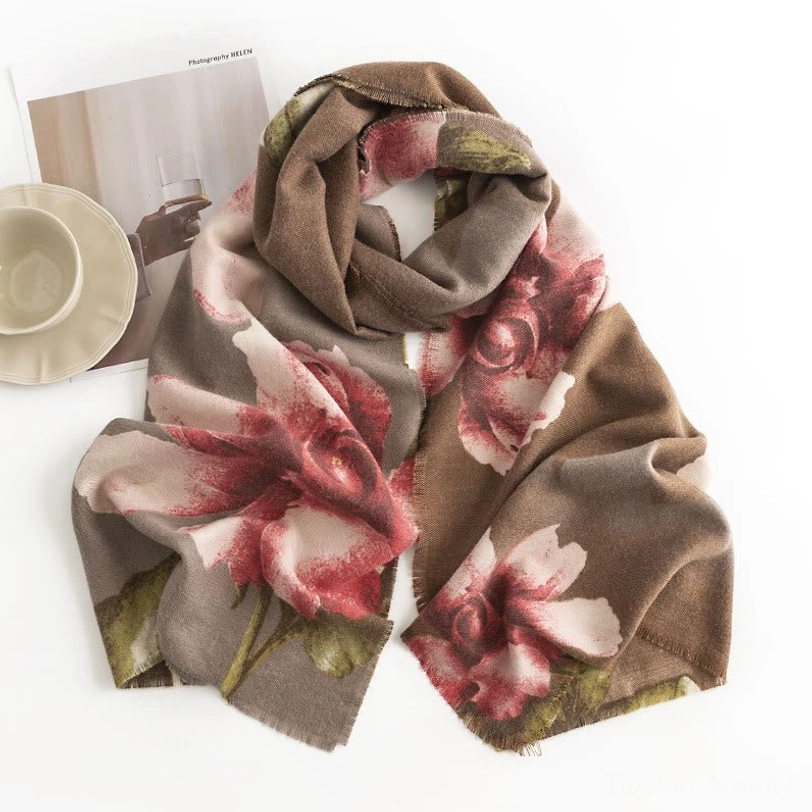 Dark goldenrod Tibetan floral winter scarf with hibiscus print full length display