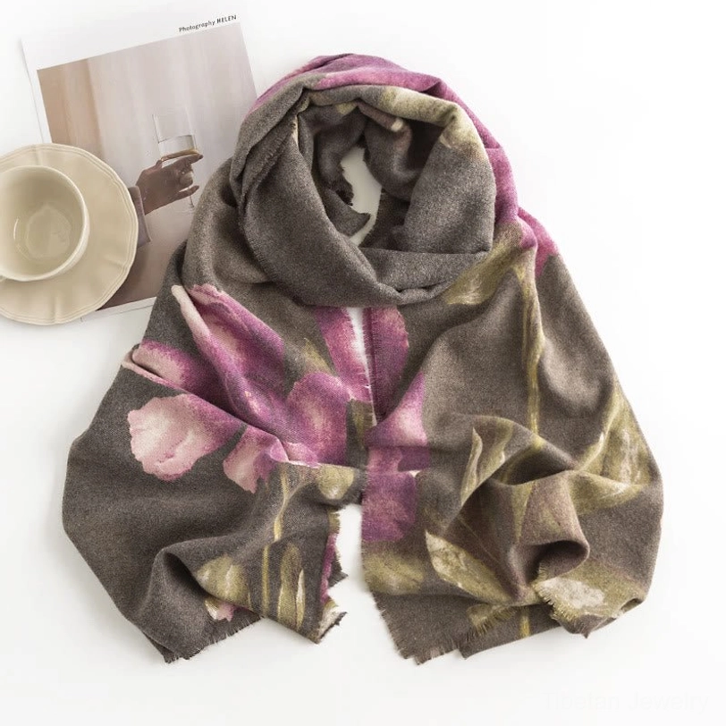 Dark khaki Tibetan floral scarf with hibiscus print ready for styling and layering