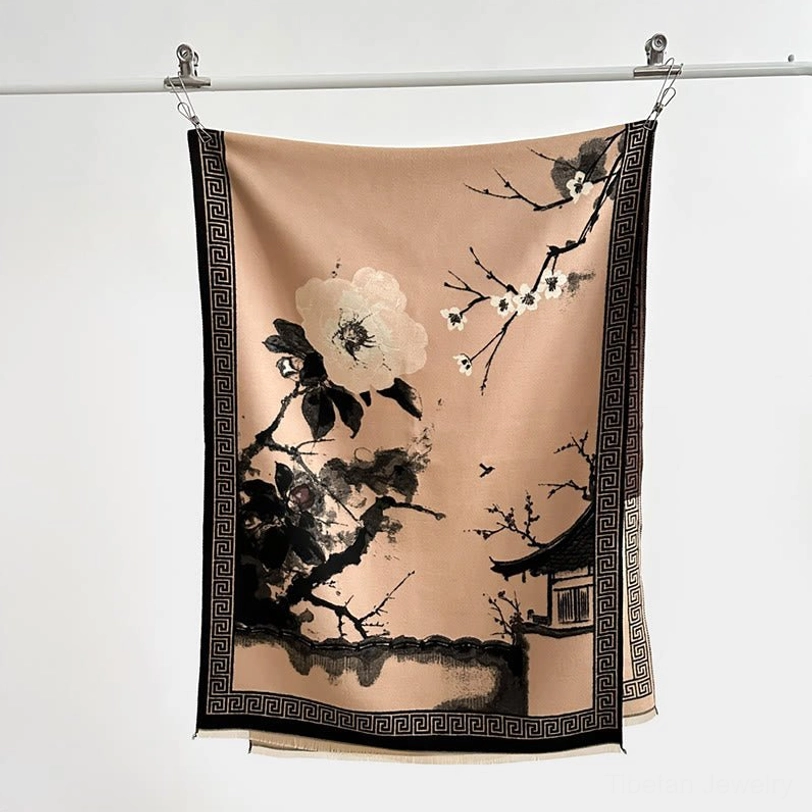 Tibetan scarf draped styling, showcasing soft texture and elegant fall of premium handwoven fabric